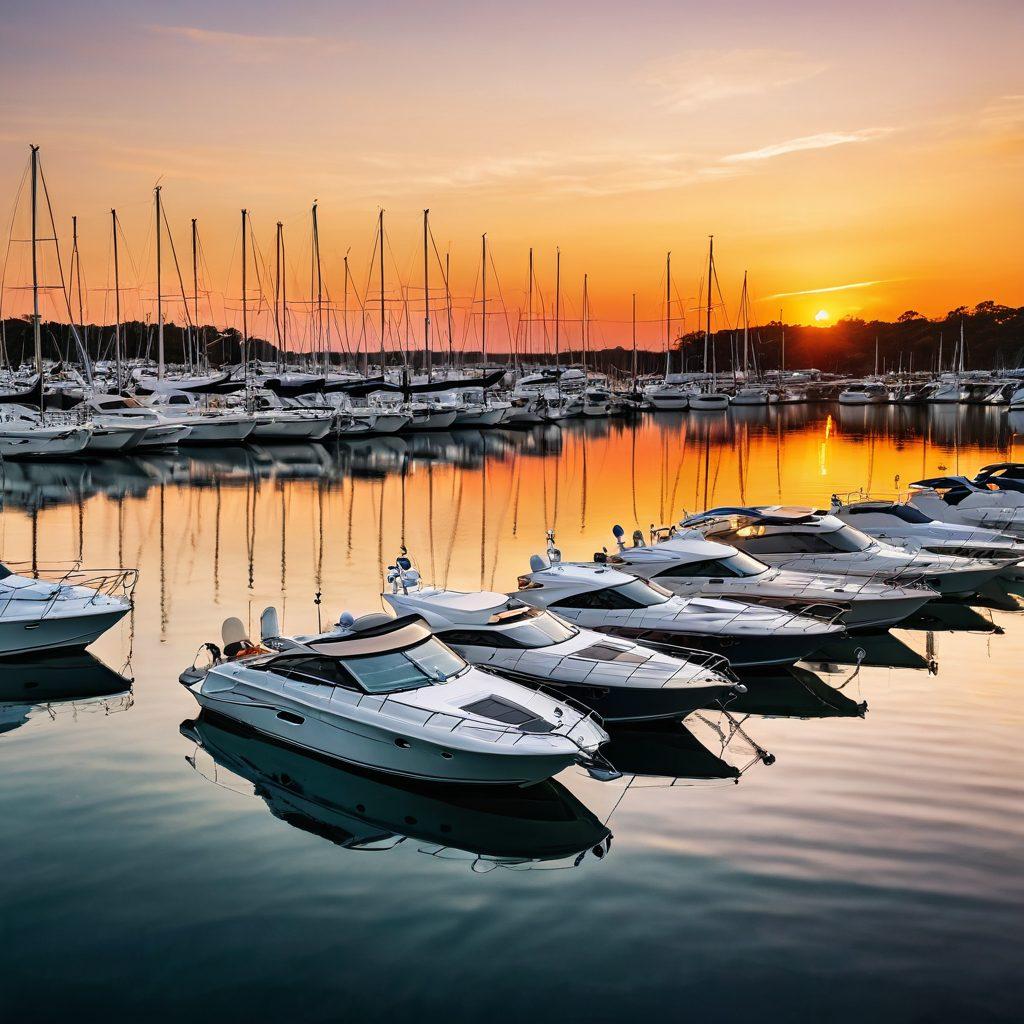 A serene marina scene during golden hour featuring a variety of boats, some luxury yachts and others smaller recreational vessels, all reflecting in calm water. An expert insurance advisor is conversing with a boat owner, surrounded by floating insurance documents lightly fluttering in the breeze. Warm sunset hues enhance the tranquil atmosphere, while displaying elements symbolizing security like a lock and shield subtly in the background. super-realistic. vibrant colors. 3D.