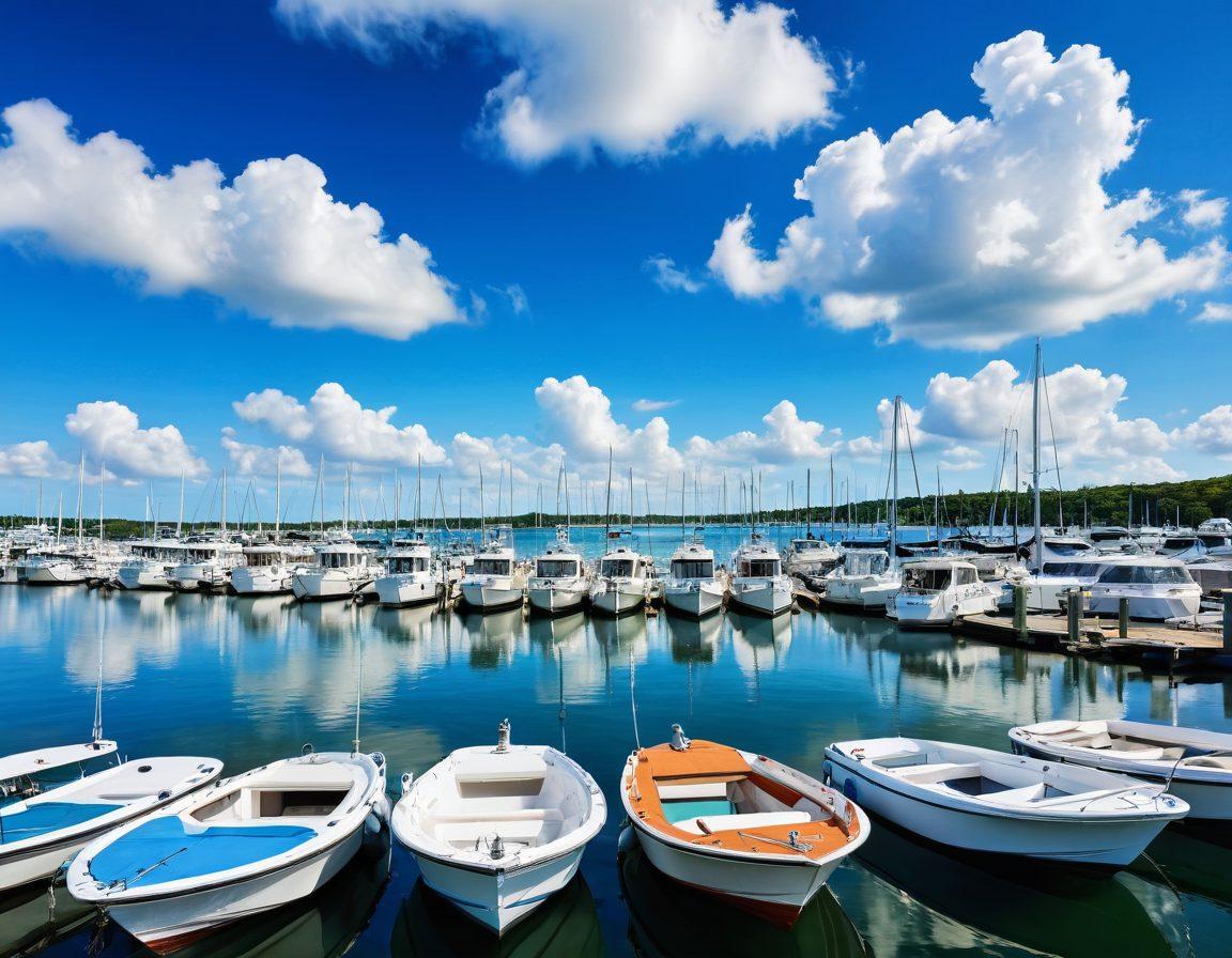 A serene coastal scene featuring a diverse group of boats docked in a calm harbor, with a bright blue sky and fluffy white clouds overhead. Overlaid are magnifying glasses and price tags to symbolize finding the best quotes, along with a calculator and a notepad to represent affordable marine insurance. The imagery should evoke a sense of financial savvy and carefree boating adventures. vibrant colors. super-realistic. white background.