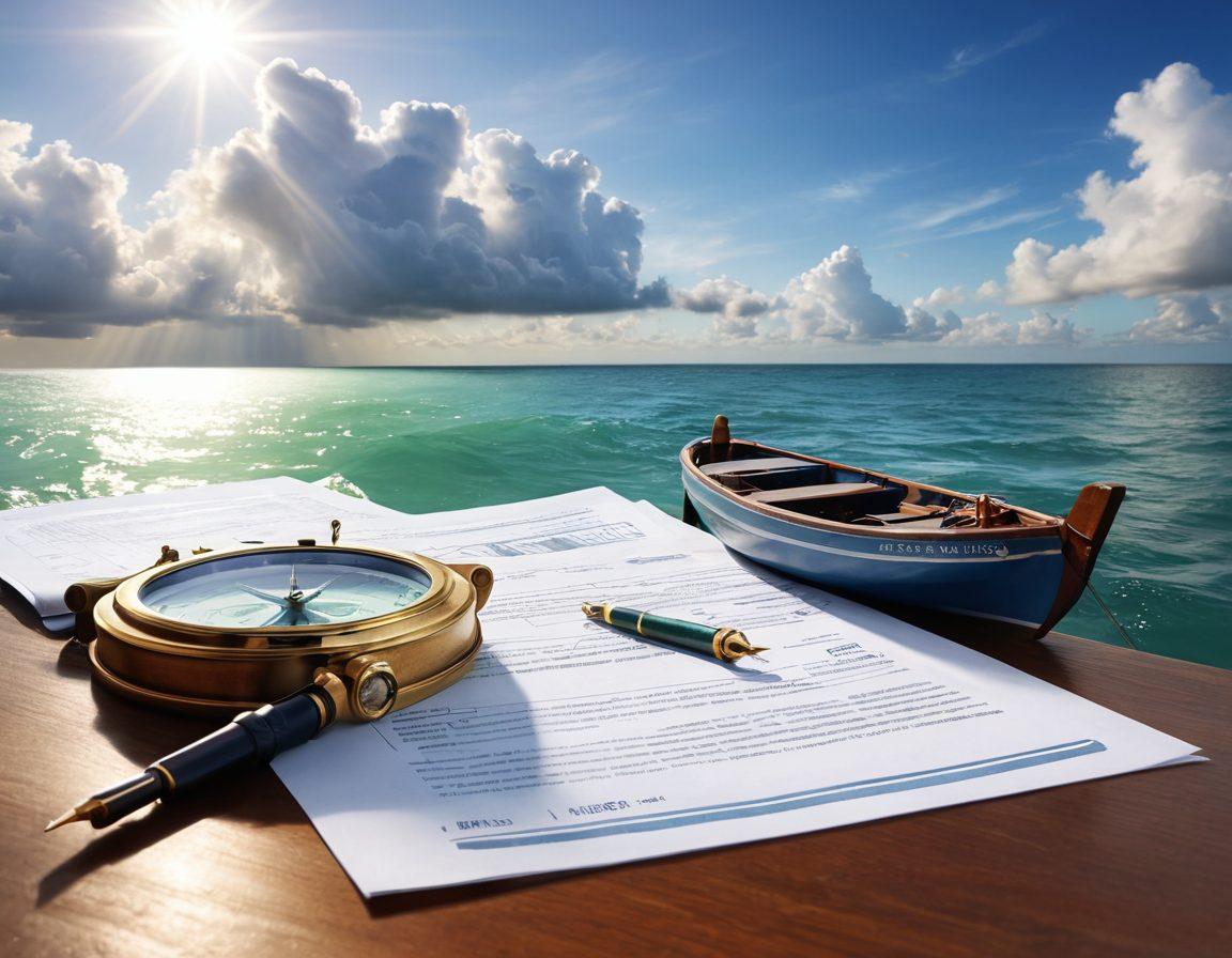 A serene marine scene depicting various boats navigating calm waters, with a focus on insurance documents and tips floating above the surface. Include elements like a magnifying glass, highlighting coverage options, and a compass symbolizing guidance. Soft sunlight filters through the clouds, casting a warm glow on the scene, evoking a sense of trust and expertise. super-realistic. vibrant colors. calming blues and greens.
